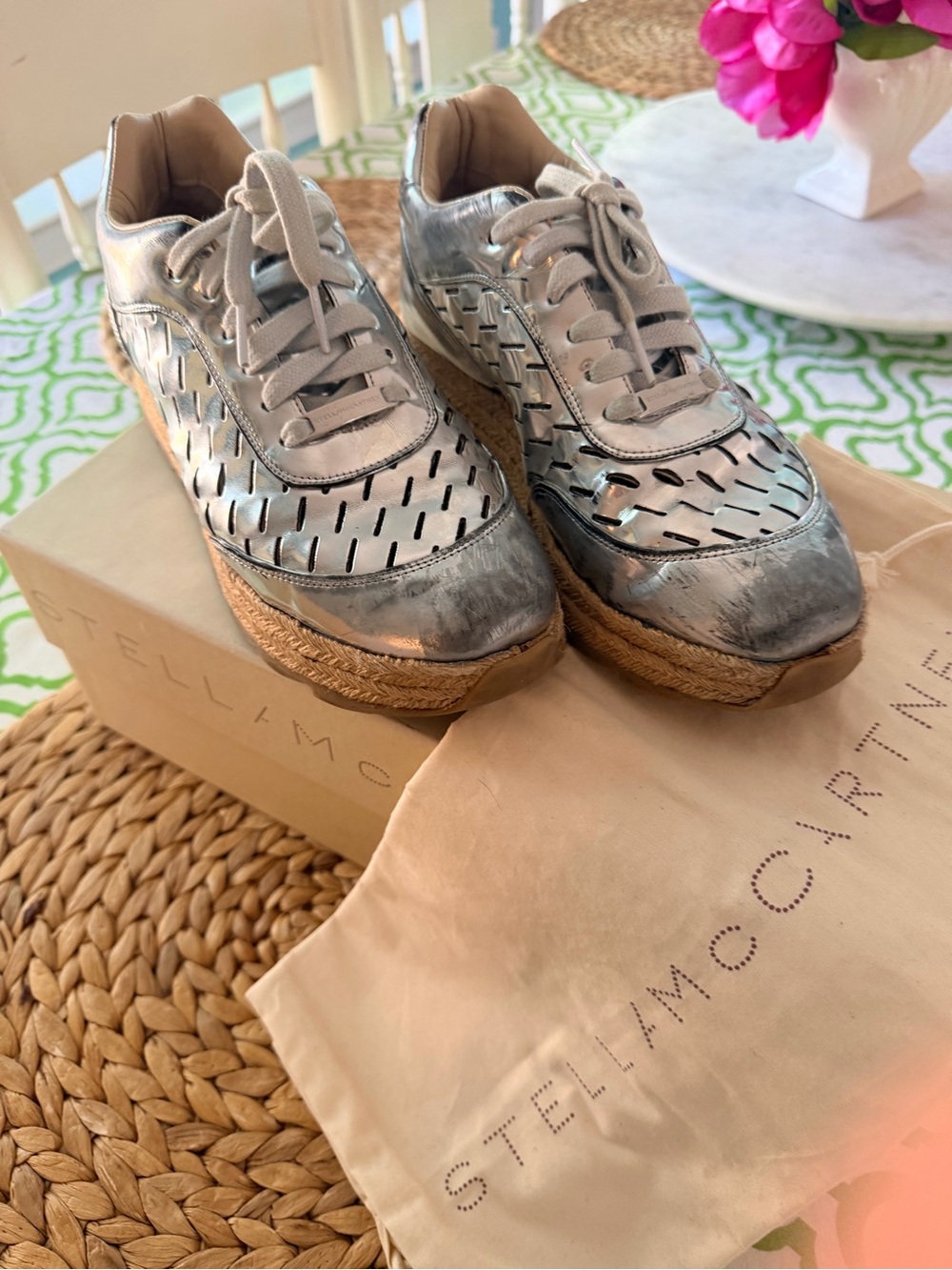 Stella McCartney Silver Metallic Braided-Espadrille Lace-Up Sneakers